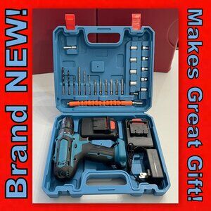 New Rechargeable Cordless Drill w/2 Lithium Batteries, Quick Charger & Tool kit!